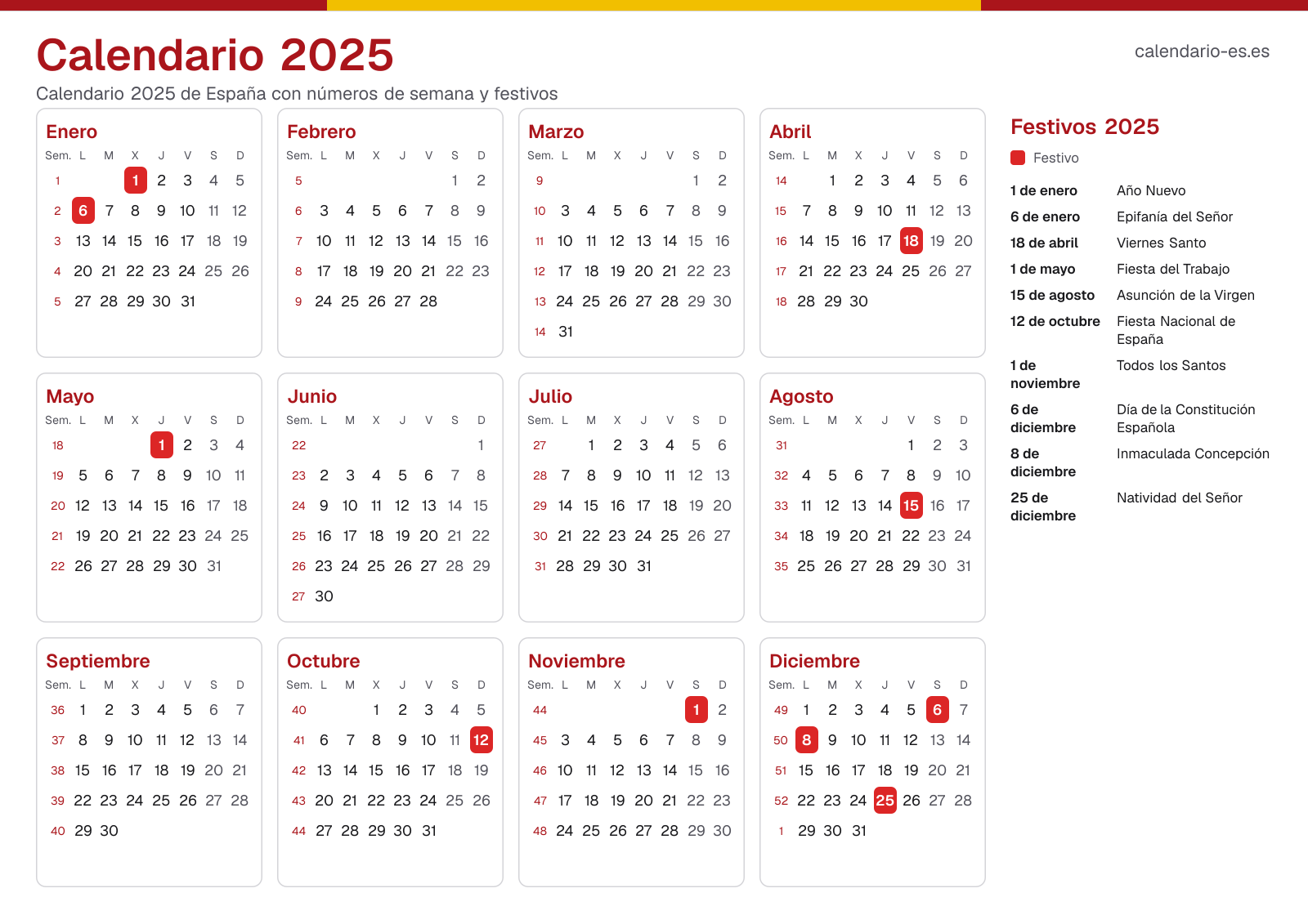 Calendario 2025 con números de semana y festivos