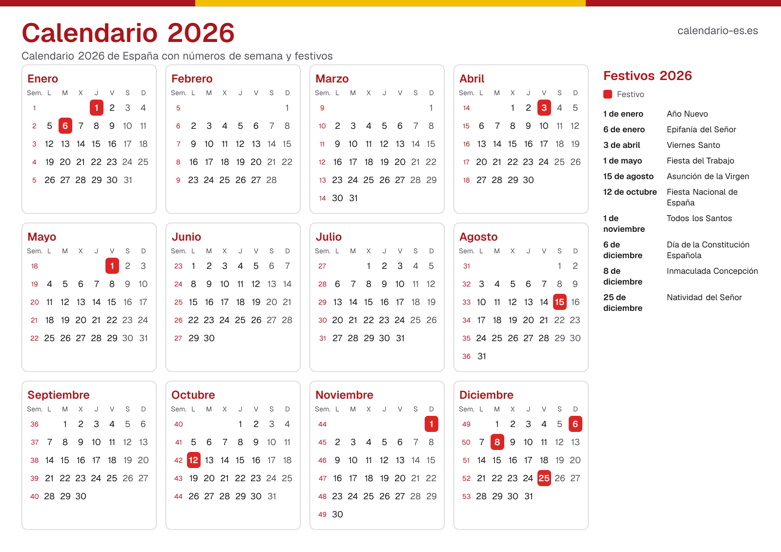 Calendario 2026 con números de semana y festivos