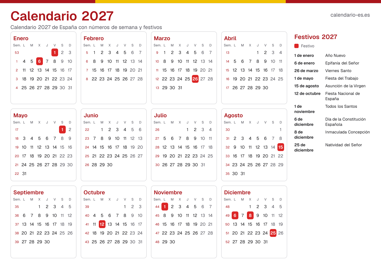 Calendario 2027 con números de semana y festivos