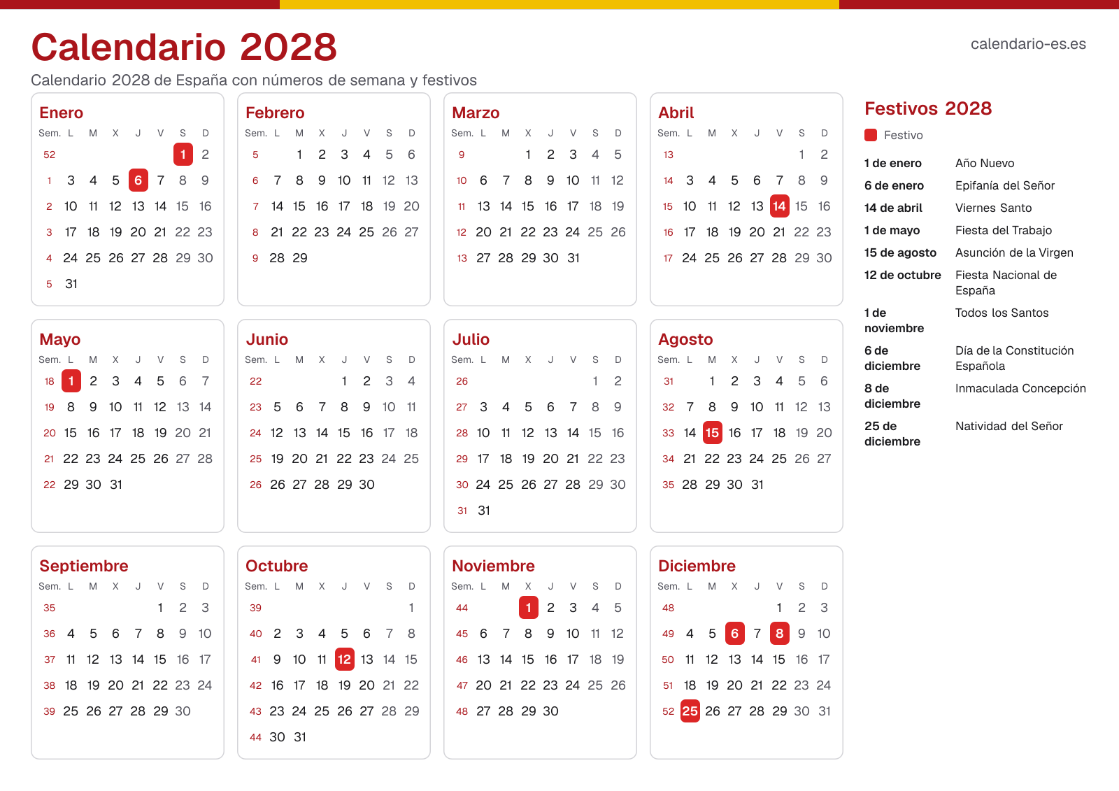 Calendario 2028 con números de semana y festivos
