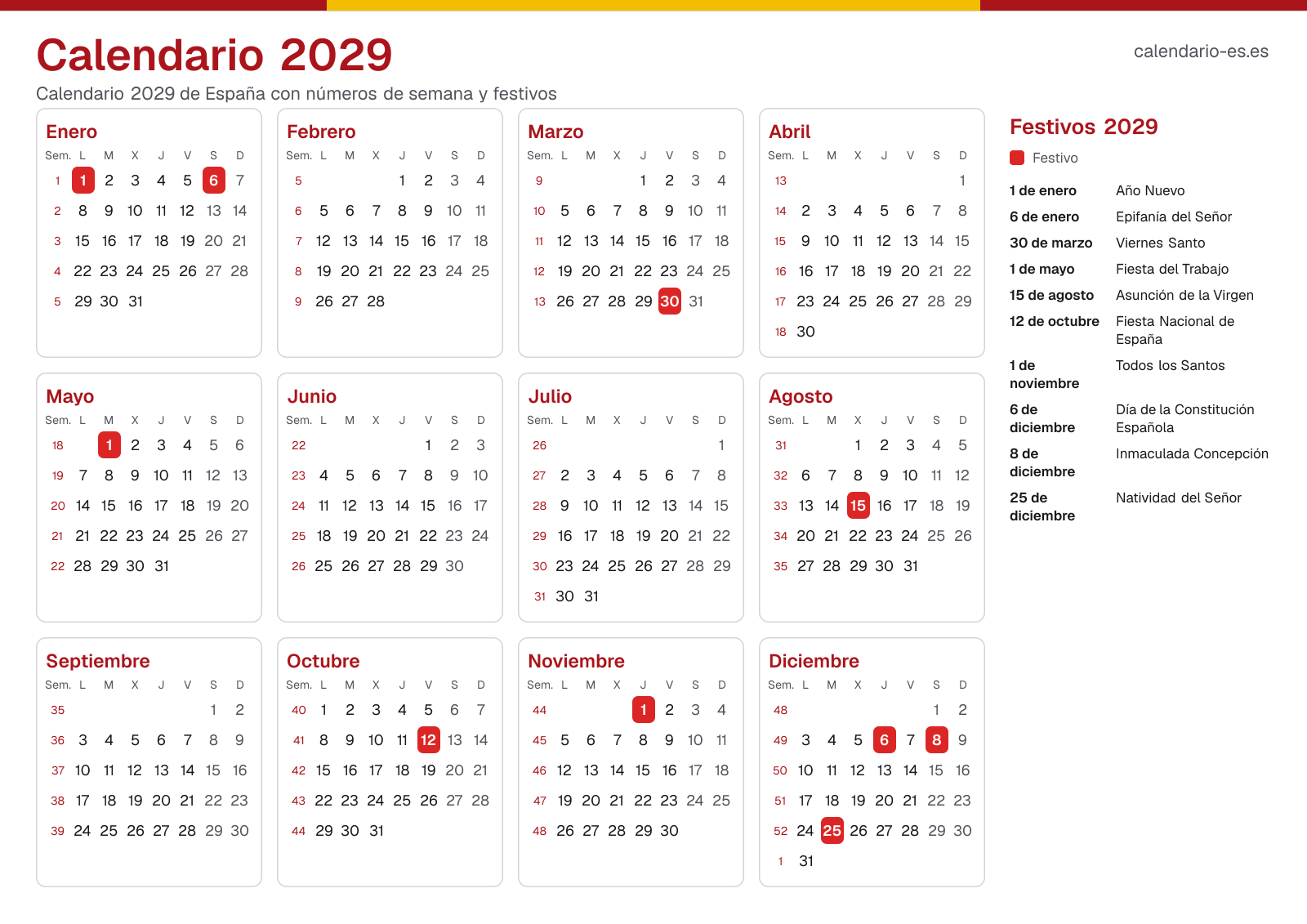 Calendario 2029 con números de semana y festivos