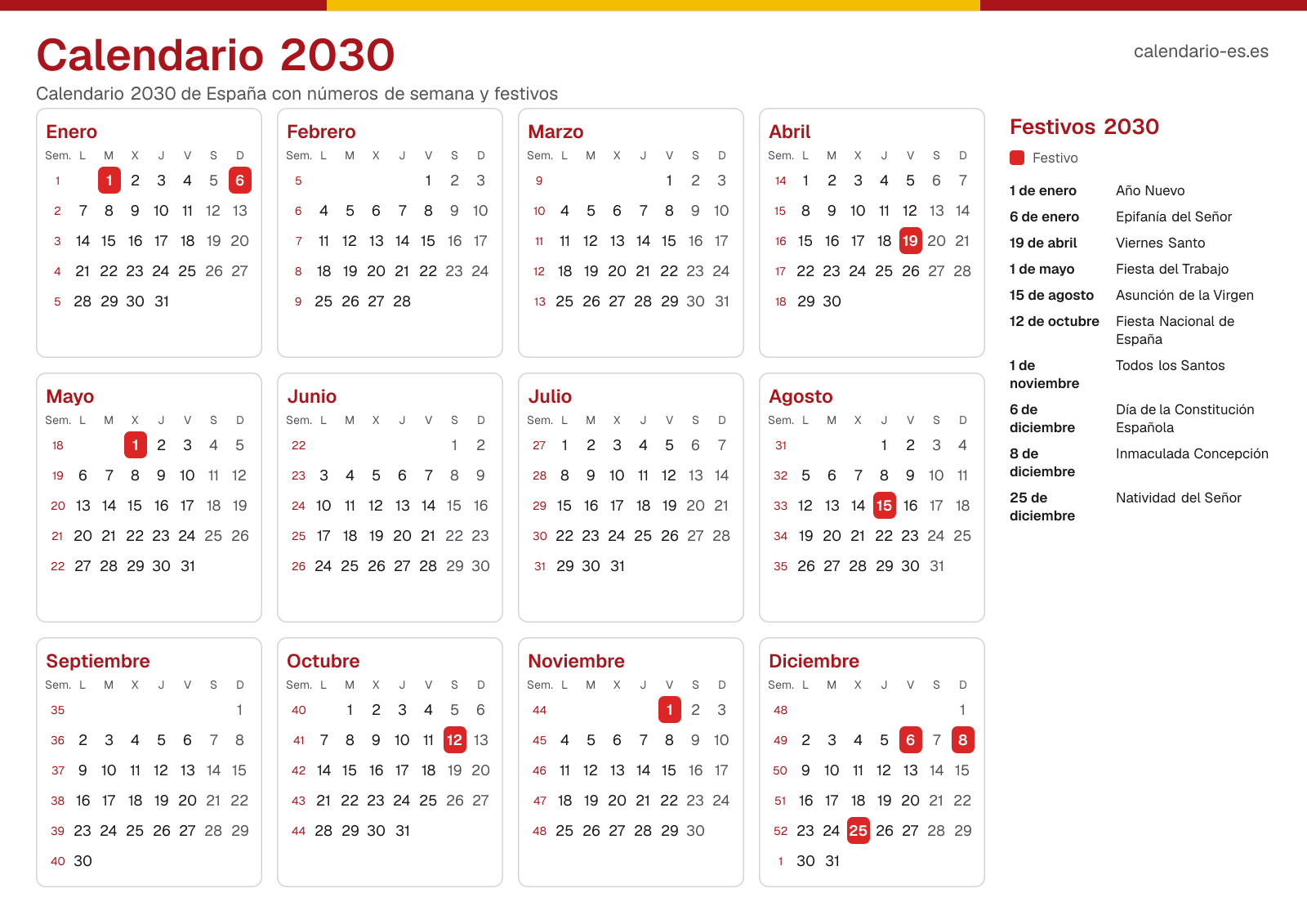 Calendario 2030 con números de semana y festivos