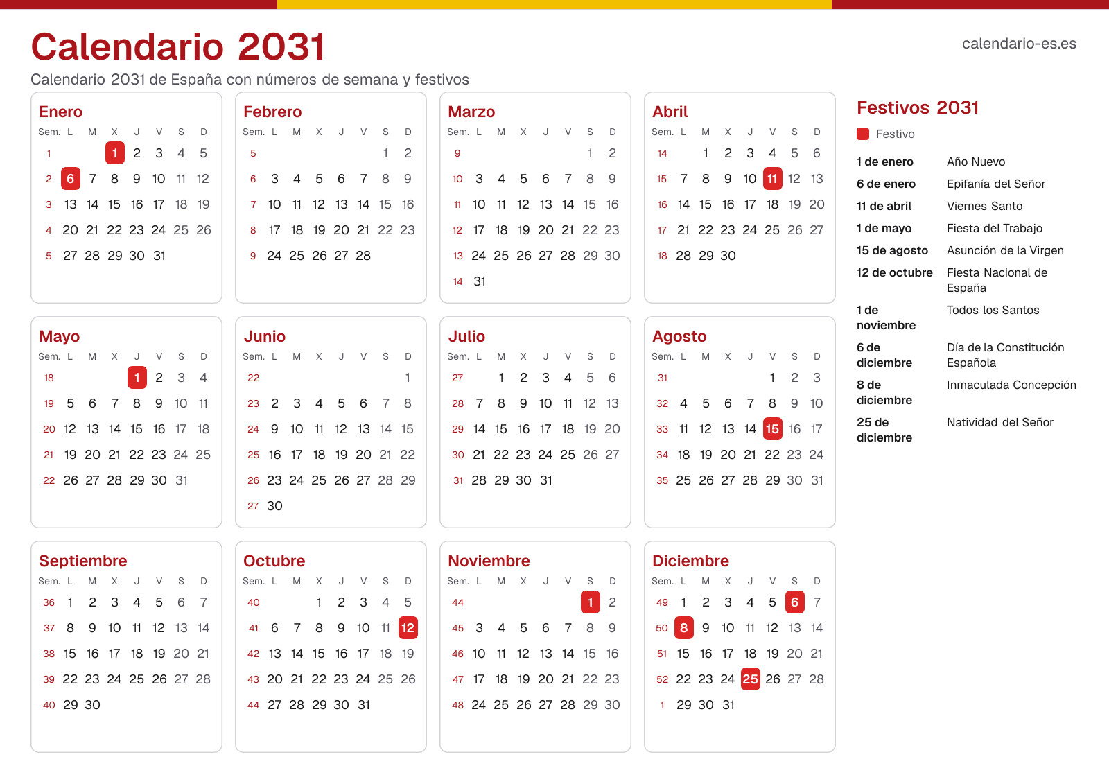 Calendario 2031 con números de semana y festivos